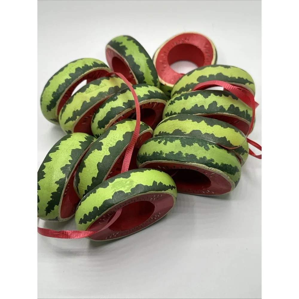 Set of 12 Vintage Watermelon Wooden Napkin Rings Hand Painted Summer Fruit Decor